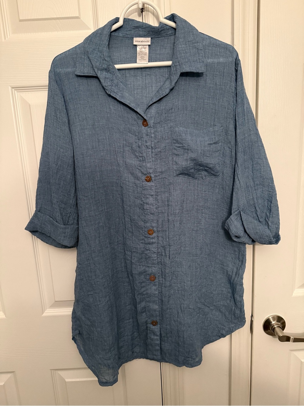 Lightweight Blue Cotton-Blend Button Front Tunic Top